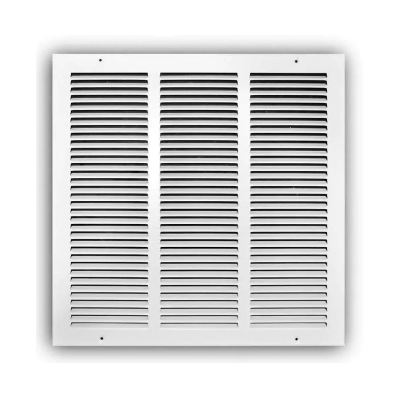 The Go Build 14 in. x 14 in. Return Air Grille - White features horizontal steel slats, three sections, a durable white powder coat finish, and corner screw holes for easy wall mounting. Shown against a plain white background.